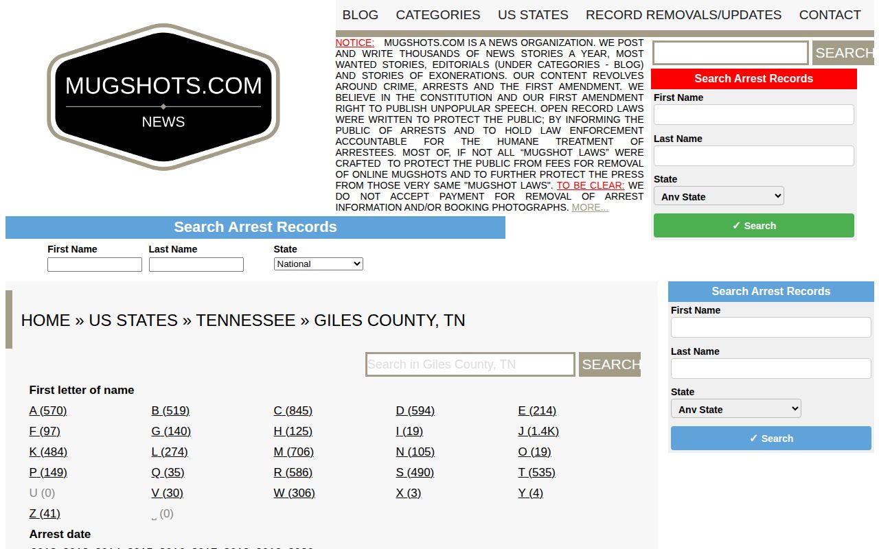 Unofficial historical Giles County arrest index interface