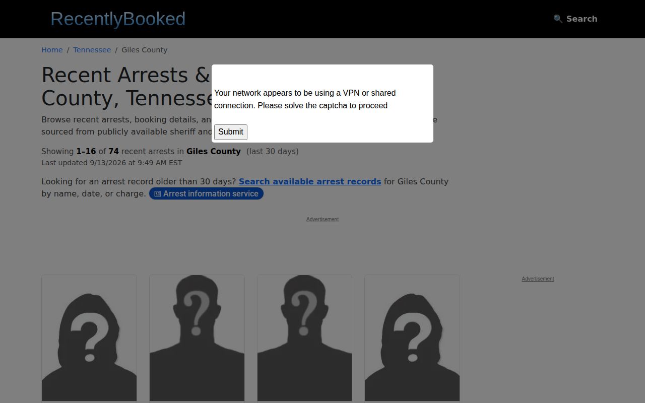 Unofficial RecentlyBooked Giles County multi-day arrest index
